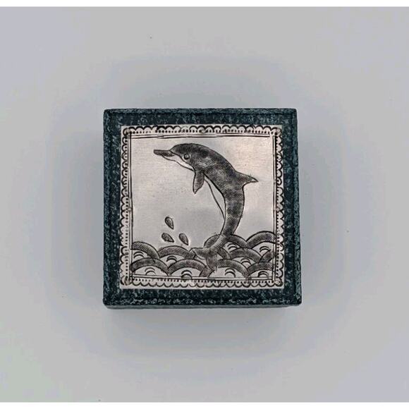 Jumping Dolphin Trinket Box Raised Etched Metal Medallion Textured Exterior 3x2 - Picture 5 of 5